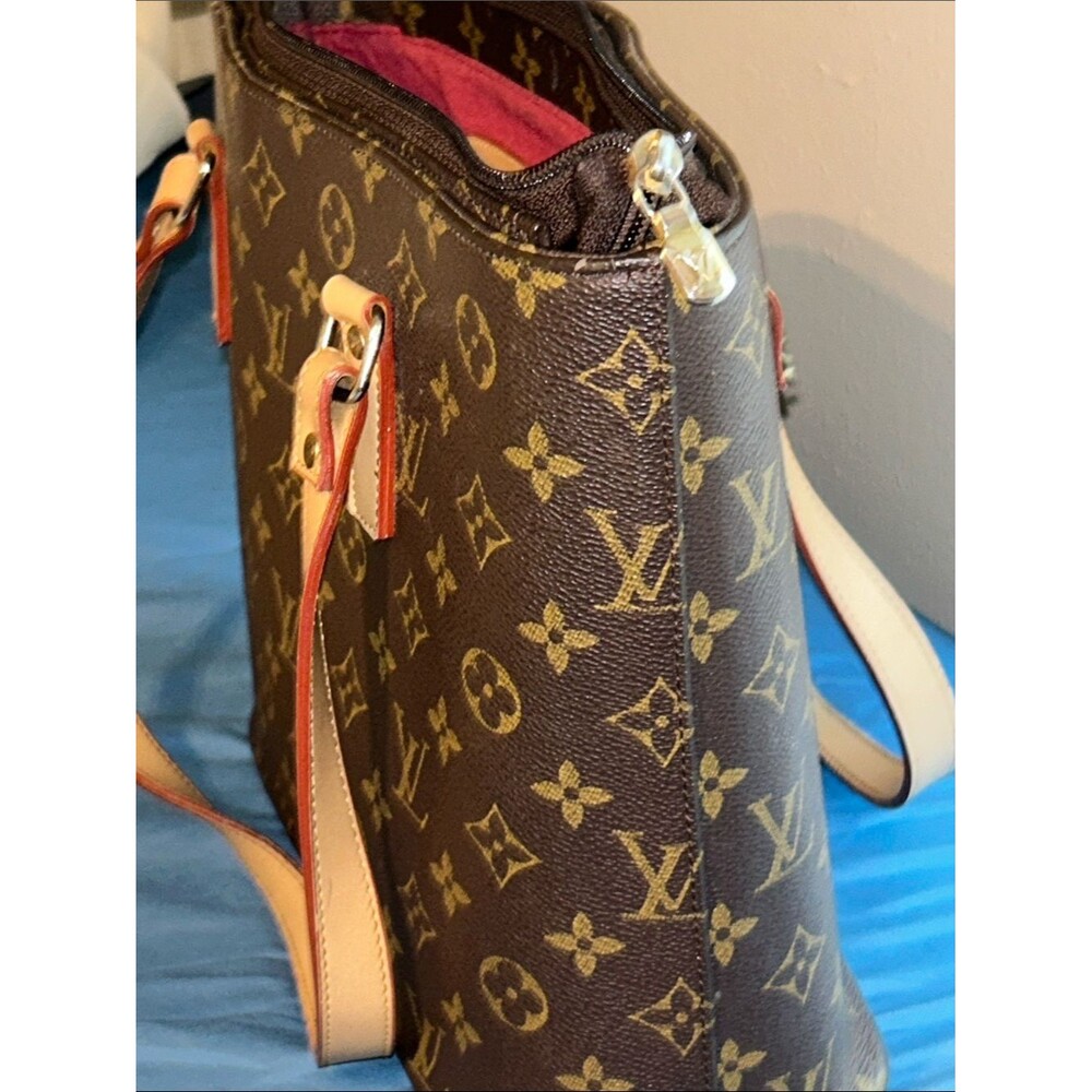 LV Design LV Logo Monogram Lined Canvas Tote Natural Red Lined 2 Straps Pocket - Picture 9 of 10